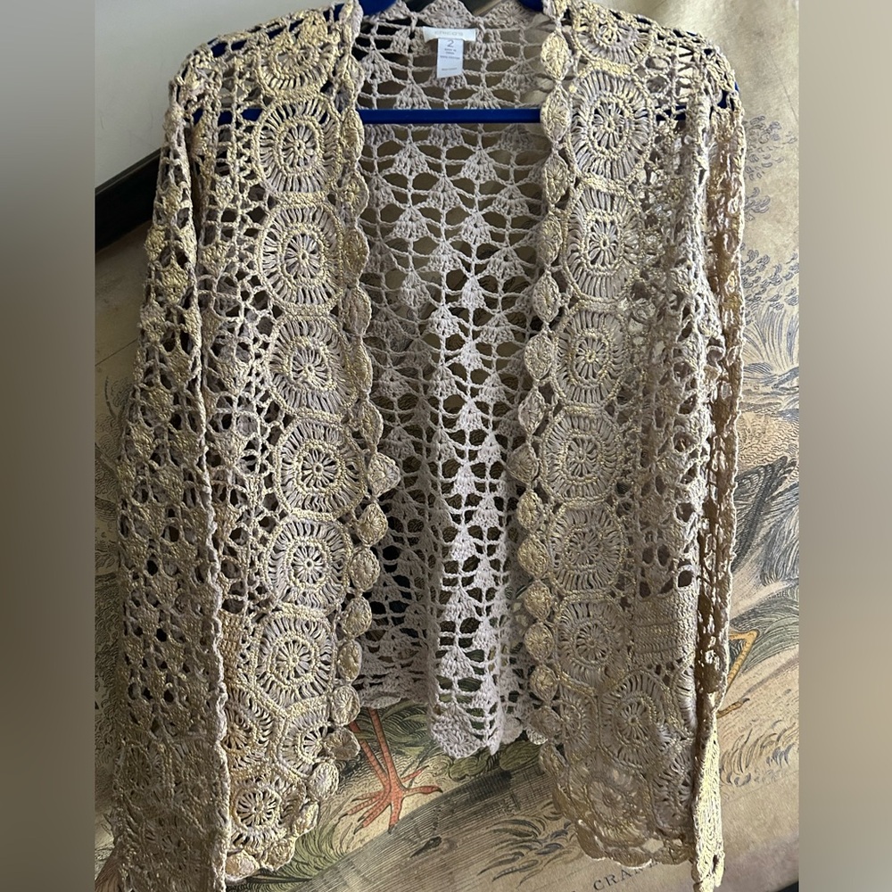 * Open Crochet Cardigan Chico’s SZ 2 = Medium Gold Glazed Detail *